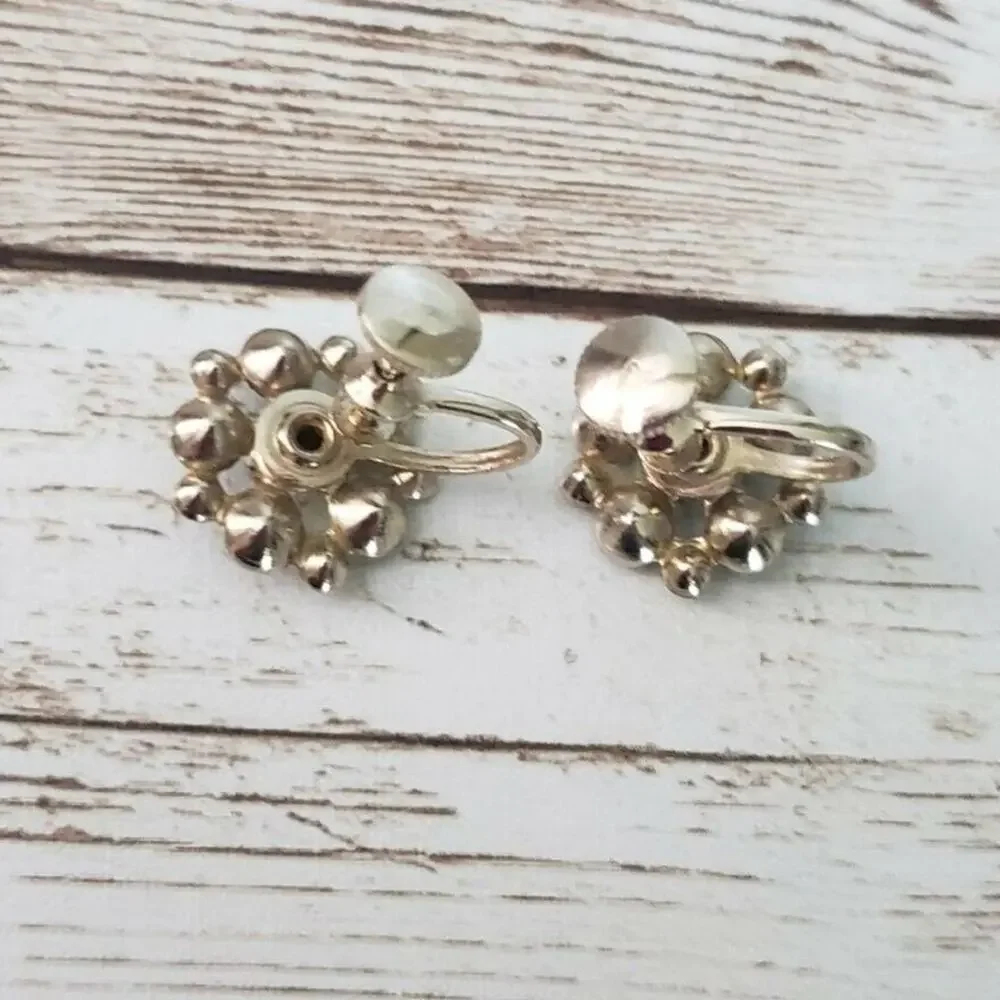Vintage Screw On Earrings - Green & Clear Gems Flower Shape